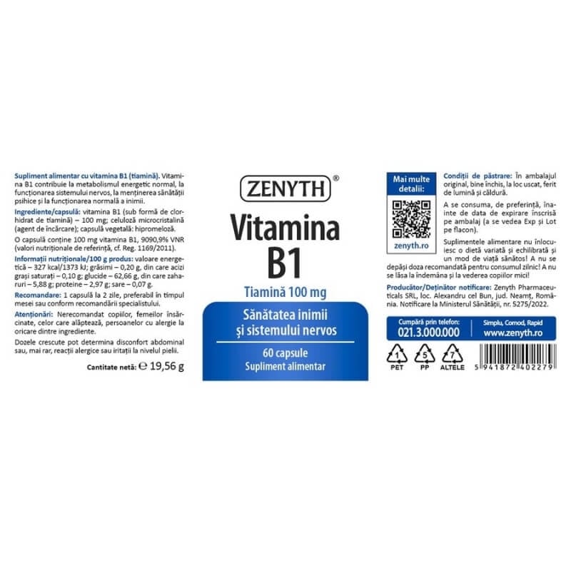 Vitamina B1, 60 capsule, Zenyth Vitamina B1, 60 capsule, Zenyth