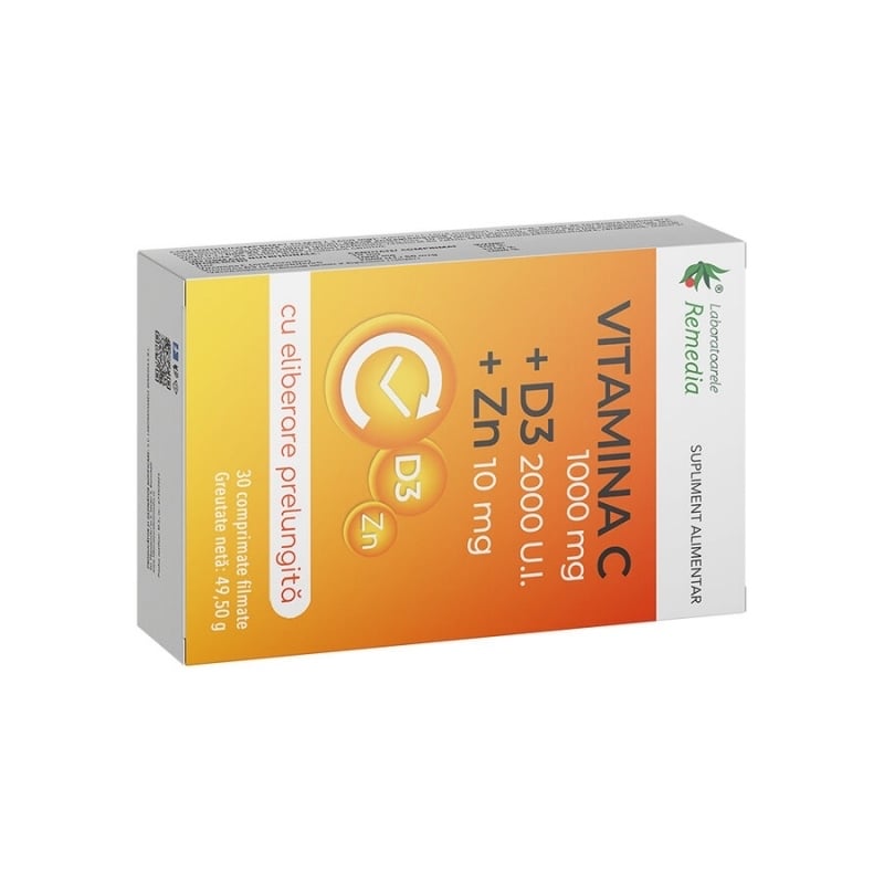 Vitamina C 1000 mg + D3 2000 UI+ Zinc 10 mg cu eliberare prelungita, 30 comprimate, Remedia Vitamina C 1000 mg + D3 2000 UI+ Zinc 10 mg cu eliberare prelungita, 30 comprimate, Remedia