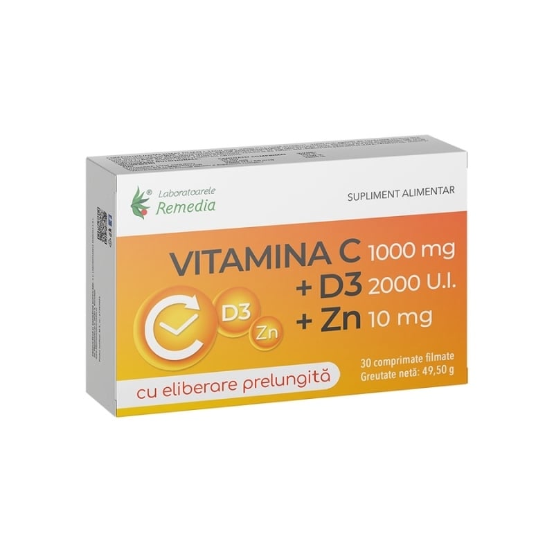 Vitamina C 1000 mg + D3 2000 UI+ Zinc 10 mg cu eliberare prelungita, 30 comprimate, Remedia Vitamina C 1000 mg + D3 2000 UI+ Zinc 10 mg cu eliberare prelungita, 30 comprimate, Remedia