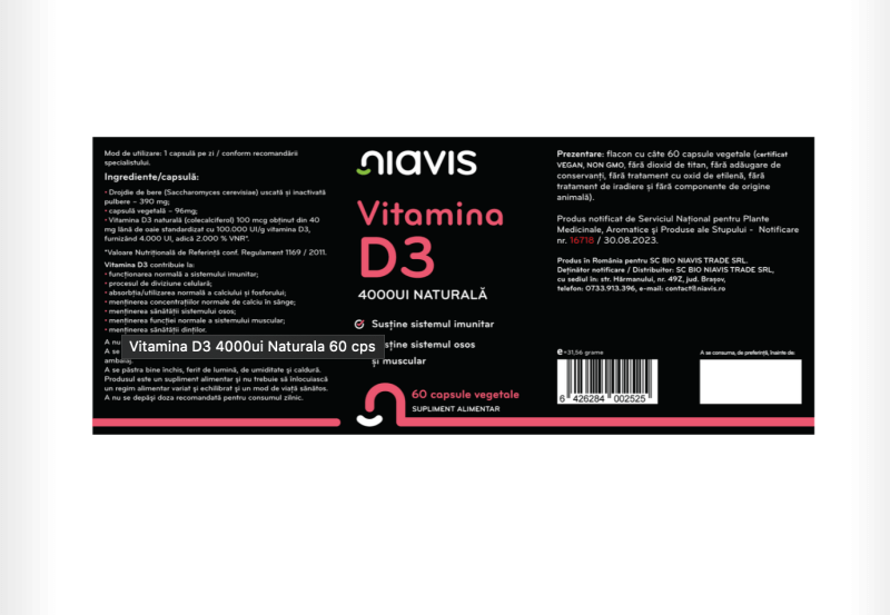 Vitamina D3 4000 UI naturala, 60 capsule, Niavis Vitamina D3 4000 UI naturala, 60 capsule, Niavis