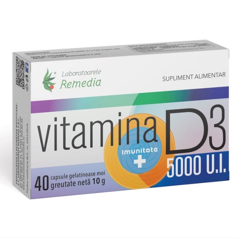Vitamina D3 5000 UI, 40 capsule moi, Remedia Vitamina D3 5000 UI, 40 capsule moi, Remedia