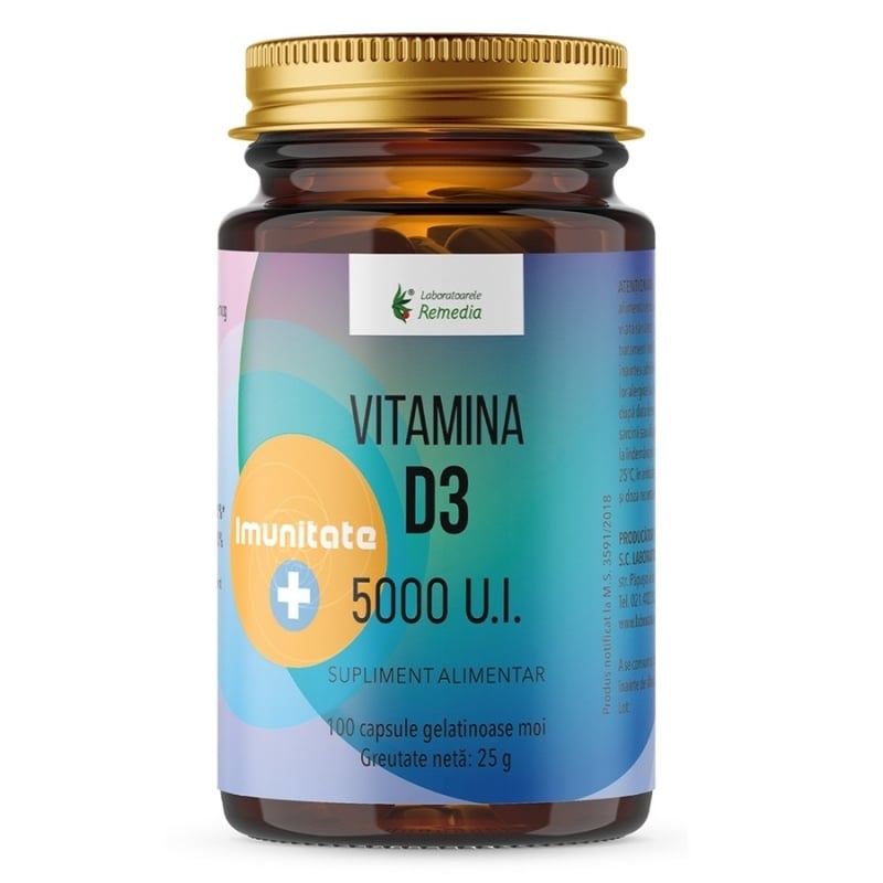Vitamina D3 5000 UI, 100 capsule moi, Remedia Vitamina D3 5000 UI, 100 capsule moi, Remedia