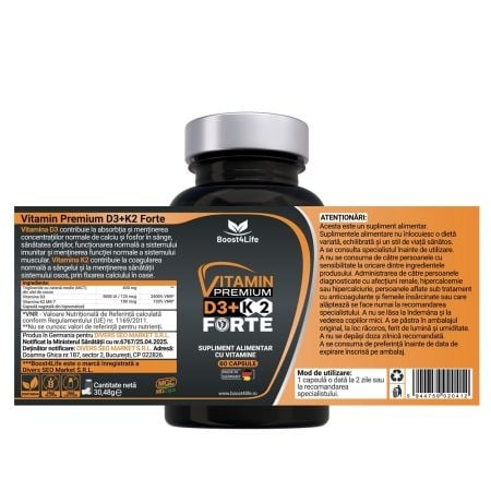 Vitamina D3+K2 Premium Forte 5000 UI, 60 capsule, Boost4Life