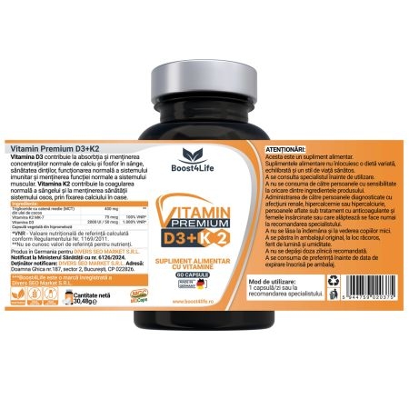 Vitamina D3+K2 Premium 2000 UI, 60 capsule, Boost4Life