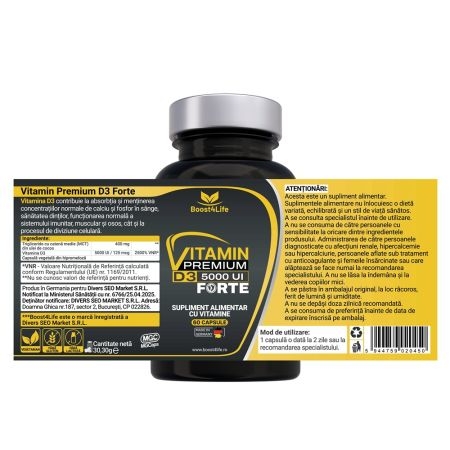 Vitamina D3 Premium Forte 5000 UI, 60 capsule , Boost4Life Vitamina D3 Premium Forte 5000 UI, 60 capsule , Boost4Life