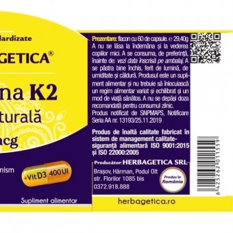 Vitamina K2 MK7 naturala 120mcg, 60 capsule, Herbagetica Vitamina K2 MK7 naturala 120mcg, 60 capsule, Herbagetica