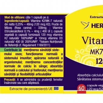 Vitamina K2 MK7 naturala 120mcg, 60 capsule, Herbagetica Vitamina K2 MK7 naturala 120mcg, 60 capsule, Herbagetica