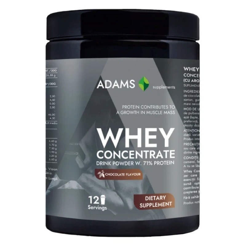 Whey Concentrate Protein pulbere instant cu aroma de ciocolata, 360 g, Adams Supplements Whey Concentrate Protein pulbere instant cu aroma de ciocolata, 360 g, Adams Supplements