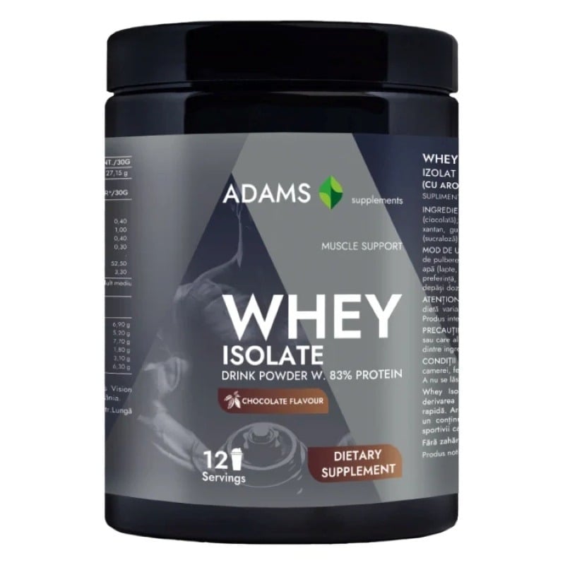 Whey Isolate Protein pulbere instant cu aroma de ciocolata, 360 g, Adams Supplements Whey Isolate Protein pulbere instant cu aroma de ciocolata, 360 g, Adams Supplements
