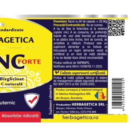 Zinc Forte, 60 capsule, Herbagetica Zinc Forte, 60 capsule, Herbagetica
